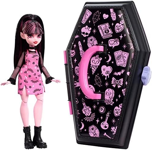 Draculaura doll with Gore-ganizer coffin beauty kit and bat clips