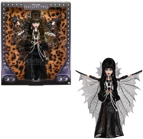 Skullector Elvira doll in black faux leather dress and batwing cape