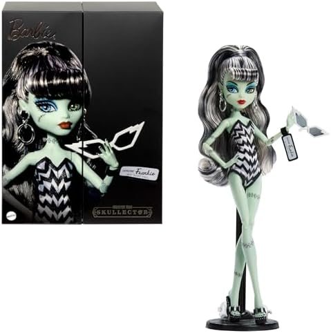 Frankie Stein doll in Barbie-inspired striped swimsuit with sunglasses