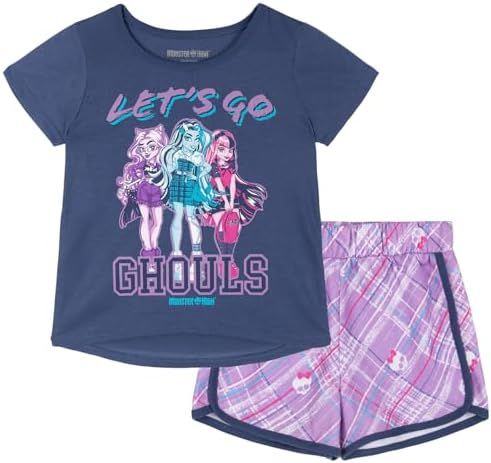 Monster High girls graphic tee with navy lavender dolphin shorts