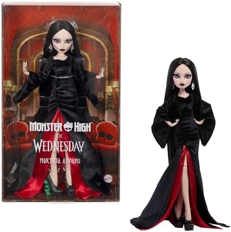Morticia Addams collector doll in black velvet gown with crimson skirt