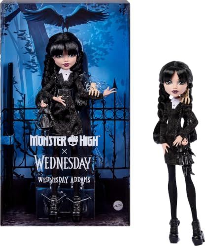 Wednesday Addams collector doll in black dress holding Thing