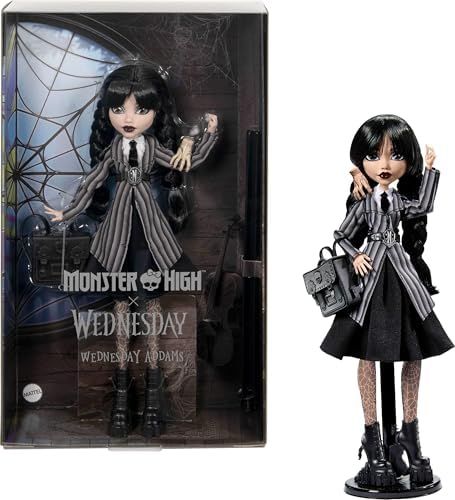 Wednesday Addams doll in black Nevermore uniform with Thing